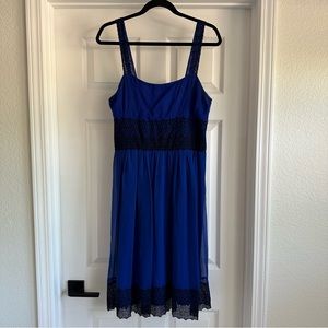 Blue Silk Cocktail Dress with Black Lace Trim Women’s Size 14
